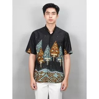 Swipe Up Kemeja Batik Pria Modern Lengan Pendek Wayang Laksmana Black