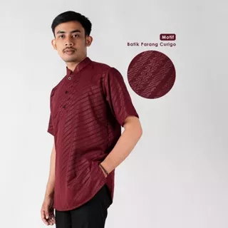 KHAF97 Kurta Pria ZAUQI BATIK Gamis Pria Lengan Pendek Buat Shalat Pengajian Katun Embos Maroon