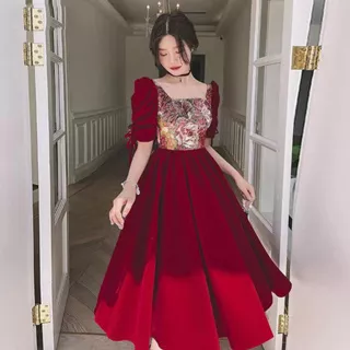 red dress pesta wanita lengan pendek import / handy dress ulang tahun