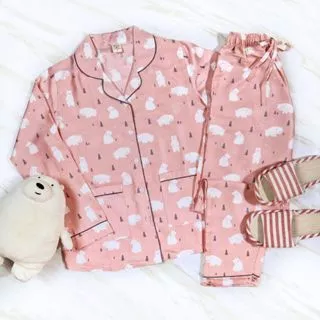 SLEEPCODE - Pink Polar Bear Piyama Baju Tidur Wanita Daster Organic Bamboo