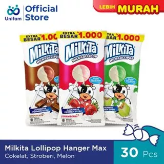 Milkita Lollipop Hanger Max (1 Bag Isi 30pcs) - Permen Susu Lolipop Rasa Cokelat, Stroberi, & Melon (CSM)