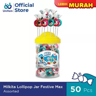 Milkita Lollipop Jar Assorted Festive Max (1 Toples Isi 50pcs) - Toples Permen Lolipop Milkita Rasa Cokelat, Stroberi & Melon