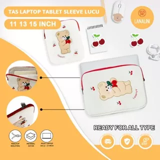 Sleeve Pouch Sarung Puffy Tas Bag Case Ipad Tab Tablet Macbook Air Pro Laptop Asus Acer Lenovo HP Samsung Advan Huawei 11 12 13 14 15 inch Motif Gambar Cherry Bear Beruang Cery Warna Putih Merah Lucu Cute Murah Korean Model