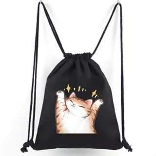 Tas Serut Hitam Motif Kucing Oren / Ginger Cat / Tas Gendong / hampers anak / Stringbag