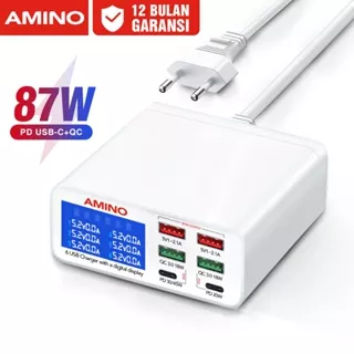 AMINO 87W PD QC Fast Charger 6 Port Multi Port Charger / 4 USB + 2 TYPE -C Super Fast Charger LED Function /Desktop Kepala / Laptop Cable / Adaptor Power Kabel