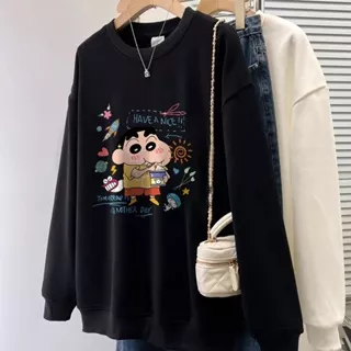 Forteid KartunCetakan Krayon Shin-chan/Switer Wanita Oversize Kaos Pola Merek trendi Korean Style Sweater Oversize Crewneck Wanita Crewneck Cewek Aesthetic Sweater Oversized