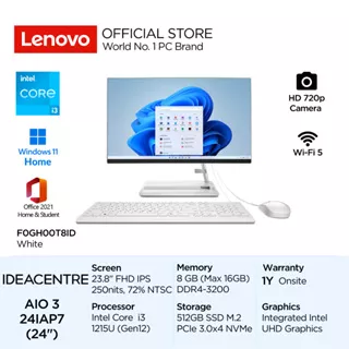 Lenovo PC IdeaCentre AIO 3i 24IAP7 Intel Core i3 1215U Win11 8GB 512GB SSD 23.8 FHD IPS 72% NTSC Antiglare Integrated All-in-One Desktop OHS T8ID T7ID 720p Camera WiFi5 24inch White F0GH00T8ID Black F0GH00T7ID Wired Keyboard Mouse Garansi Resmi Office