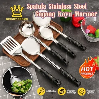 Bright Crown Spatula Bahan Stainless Steel Gagang Motif Marmer / Sutil Penggorengan Centong Kuah