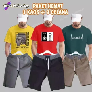 3 Kaos + 3 Celana Paket Hemat 100rb Setelan Pria