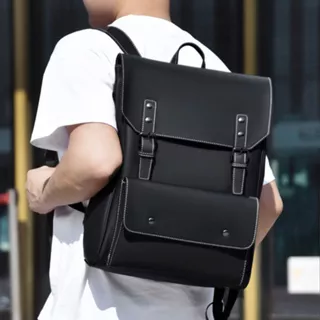 Tas Punggung Tas Laptop Kerja Hardcase Tas Ransel Pria Kulit Premium Laptop Bag Tahan Air-NEVI - BLACK