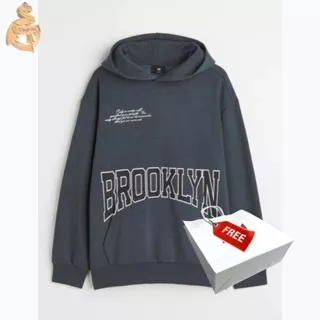 Hoodie Hnm Brooklyn Dark Grey Pria Wanita Full Tag Free Paper Bag