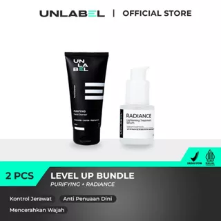 UNLABEL - Level Up Bundle (Purifying Facial Cleanser + Radiance Lightening Treatment Serum) / Brightening Face Wash & Serum Set / Set Perawatan Wajah Cowok / Paket Mencerahkan Wajah Pria Pemula