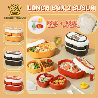 Bright Crown Lunch Box Set with Cutlery Bear Duck 1700 ML FREE Stiker 3D/Kotak Bekal Sekolah FREE Sendok+Garpu+Sumpit