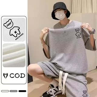 kaos jas pria abu abu Set ootd desain pola beruang baju anak laki laki leher bulat setelan celana pendek baju kaos pria kaos pria one set pria baju satu set pria setelan pria one set pria