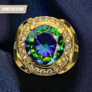 CINCIN PRIA NATURAL PERMATA RAINBOW MYSTIC QUARTZ ROUND CUT BULAT RING MICROSET SUPER MEWAH