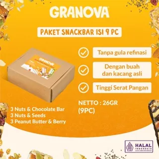 Granova - Snackbar 26gr x 9 pcs (Rasa Original, Peanut Butter & Berry / Selai Kacang & Buah Beri, Nuts & Chocolate / Kacang & Coklat) - Cemilan Sehat, Gandum, Halal