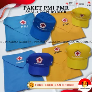 Paket ( syal + topi) PMI PMR kuning dan biru Palang Merah Indonesia / Remaja Madya dan Wira bordir komputer