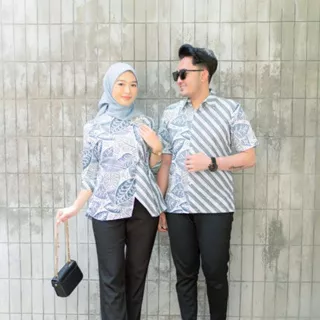 BRAWEE Baju Batik Couple Pria Wanita Batik Seragam Batik Wanita Atasan Tradisional Kerja Motif Pitaloka