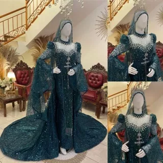 Gaun Pengantin Premium Sequin Ekor Pisah / Kebaya Pengantin Sequin Ekor Pisah