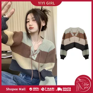 YIYI GIRL Sweater Oversize Wanita Stripe Lengan Panjang Vintage Casual Top