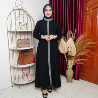 Putroelabel - Gamis Abaya Turkey Bordir Calista Hitam Set Hijab Bahan Jetblack Dress Wanita Syari