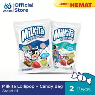 Milkita Lollipop & Candy Bag Assorted Premium - Permen Susu Lolipop Rasa Stroberi, Cokelat & Melon