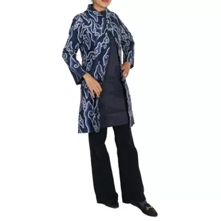 BATIK TRUSMI Tunik Batik Atasan Wanita Batik Mega Mendung Belvina Navy RML