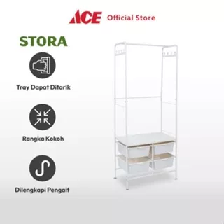 Ace Stora Gantungan Pakaian Dengan 4 Tray Plastik Stand Hanger Gantungan Baju Berdiri Clothes Organizer Standing Clothing Rack