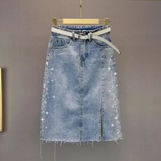 European Station Hot Drill Denim skirt Summer Fashion New Fashion High Waist Slim Medium Long Wrap Hip