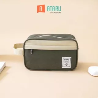 Ataru Boxy Pouch Travel 2 Tone - Hijau Tua / Krem Kantong Organizer Serbaguna Tempat Pensil Pulpen Alat Make Up Pouch Kosmetik