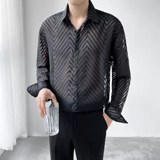 Men's Korean Fashion Long Sleeve Lace Leaf Shirt Loose Transparent Personality Top