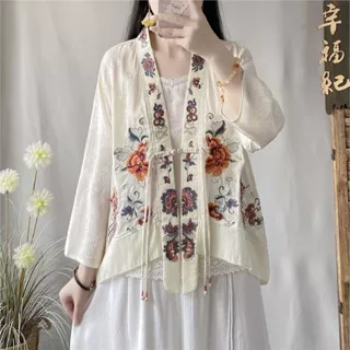 Pan button embroidered silk linen shirt summer loose shawl with a short top with 9/4 sleeves cardigan