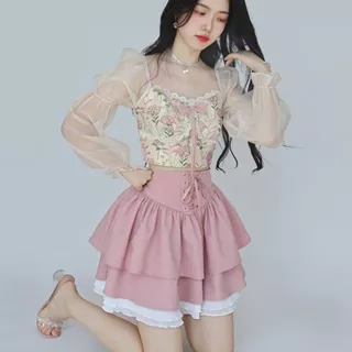 Aroana Sheing Rok Kue Bertali Merah Muda rok A-line pinggang tinggi rok kue lace skirt