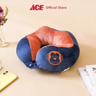 Ace Ataru Bantal Leher Embroidery Monkey - Biru Navy/Cokelat Neck Cushion Travel Bantal Mobil U-Neck Car Pillow Sandaran Leher