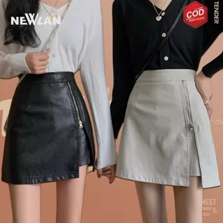 Newlan DQ025 Mini Skirt Rok Pendek Zipper Wanita High Waist Fitted Skirt Leather Fashion Korean Style Kulit Rok Kasual Elegan Pinggang Tinggi Pu Rok Perempuan Pasang Ramping Hot Pants Rok Celana Simple Model A-Line Skirt Semi Slim Bodycon Pencil Rok Pensi