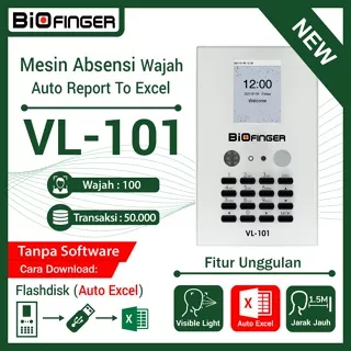 Absensi Wajah BioFinger VL-101 USB Flashdisk Auto Report Excel Simpel Murah Jarak 1.5M Akurat Cepat