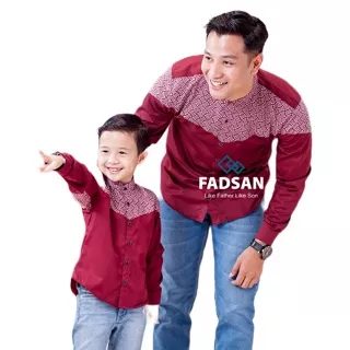 Baju Kemeja Koko Lengan Panjang Couple Batik Atasan Pakaian Muslim Ayah dan Anak Laki Laki Pria Cowok Warna Maroon Emran Series FADSAN