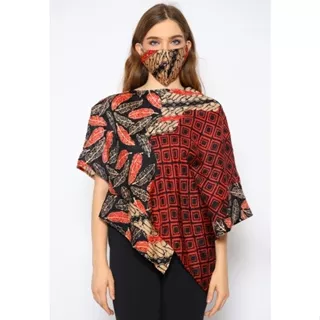 Batik Etniq Craft Yola Baju Atasan Batik Wanita Asimetris Viscose Set Masker-Orange