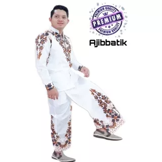 Baju Koko Muslim Batik Setelan Celana Sarung Pria Lengan Panjang Motif Akhwan Putih Bahan Katun Halus Lapis Furing