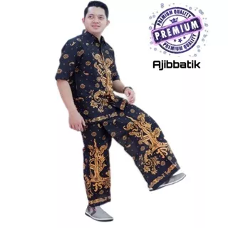 Kemeja Batik Solo Setelan Sarung Celana Pria Dewasa Lengan Panjang Pendek Keris Cendana Bahan Katun Halus Lapis Furing