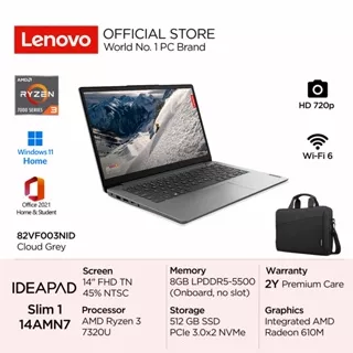 Lenovo IdeaPad Slim 1 14AMN7 AMD Ryzen 3 7320U Win11 8GB 512GB SSD 14 FHD TN 220nits 45% NTSC Antiglare Integrated Radeon WiFi 6 OHS 3KID 3NID 5FID Laptop Tipis Ringan 14inch 82VF003KID Sand 82VF003NID 82VF005FID Cloud Grey Office Garansi 7000series