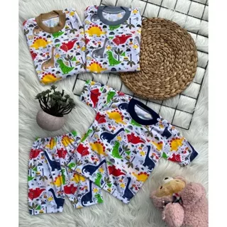 stelan baju bayi laki laki perempuan lucu murah motif DINO LAND PENDEK 3-12 bulan