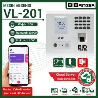 Absensi OnLine Wajah Jari BioFinger VL-201 USB Flashdisk LAN Akses Kontrol Android App Cloud Jarak 1.5M Akurat Cepat Auto Report Excel