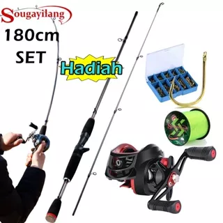 Sougayilang Joran Pancing Set 180cm Ultra Light Carbon 10kg 7.2:1 18+1BB Joran BC Casting Set Joran Set Lengkap