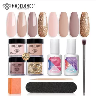 Modelones 10Pcs Dip Powder Nail Kit Mulai 4 Warna Ton Kulit Nude Gold Glitter Neutral Acrylic Dipping Powder Liquid Set dengan 15ml Base Top Coat Activator untuk French Nail Art Manicure DIY Salon Gift Set