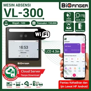 Absensi OnLine Wajah BioFinger VL-300 USB Flashdisk LAN WIFI Akses Kontrol Cloud Android App Jarak 1.5M Masker Akurat Cepat