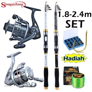 Sougayilang Joran Pancing Set 1.8m-3.3m Telescopic Fishing Rod 6-7 Sections Carbon Fiber Fishing Rod Spinning Fishing Reel Set Setelan Pancing