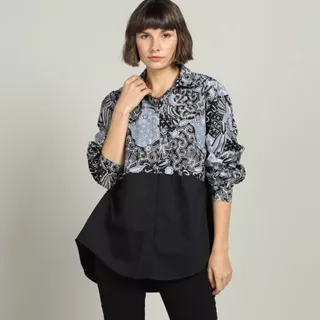 SOKA Color Block Long Sleeve Batik HONG Shirt Sekouwit in Grey&Black