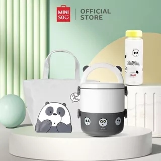 MINISO - Kotak Makan Set Dua Lapisan Lunch Box + Botol Minum + Tas Bekal + Set Alat Makan Anti Tumpah Besar Tempat Makan Set 4pcs