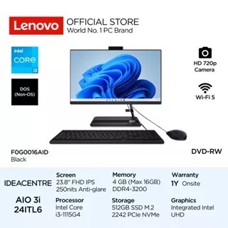 Lenovo PC IdeaCentre AIO 3i 24ITL6 Intel Core i3 1115G4 DOS 4GB DDR4-3200 512GB SSD 23.8 FHD IPS 250nits Integrated Intel UHD Graphics 6AID 69ID Desktop All-in-One 24inch F0G0016AID Black F0G00169ID White Wired Keyboard Mouse
